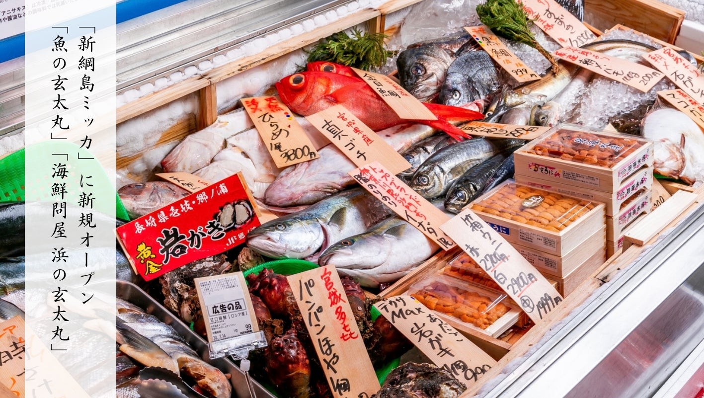 魚の玄太丸 新綱島店の氷上に並ぶ丸魚と貝