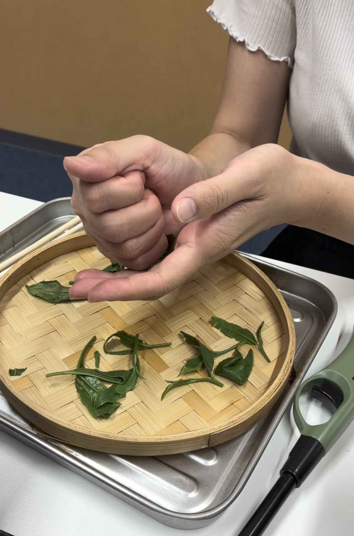 手で茶葉を扱う様子