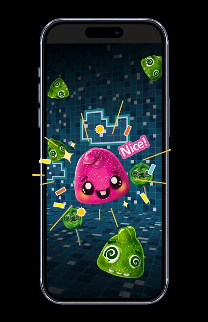 スマートフォンでシュガーバグを元のお菓子へ戻すミニゲームの画面