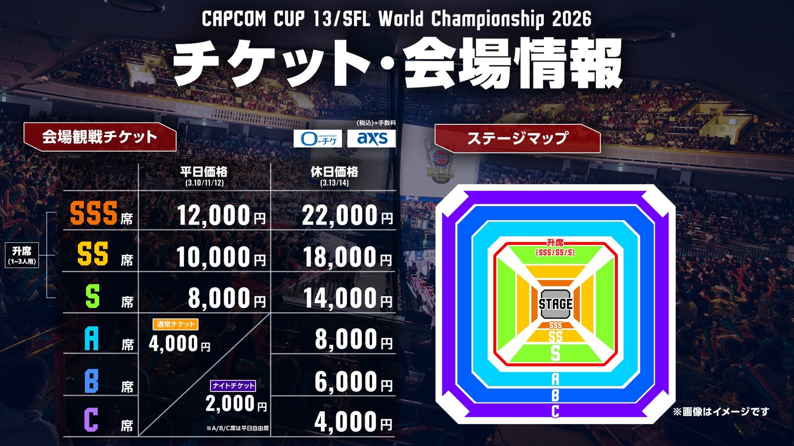 会場観戦チケットの料金表と座席配置